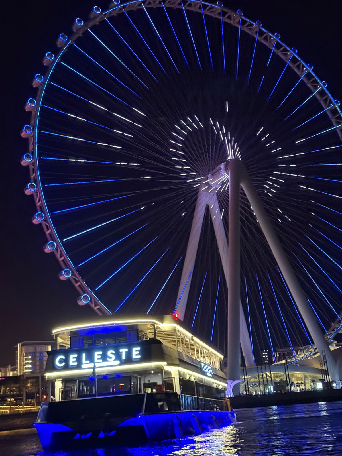 celeste dinner cruise dubai marina in front of ain dubai wheel.